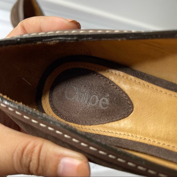 Chloe Brown suede leather 8 mm wedge slip on heel sandals size 37.5 - Picture 4 of 6